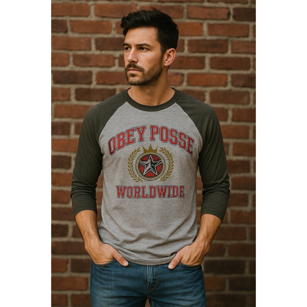 Obey Posse Worldwide Mens‎ Raglan Baseball Graphic T-Shirt Grey Medium CA26912
